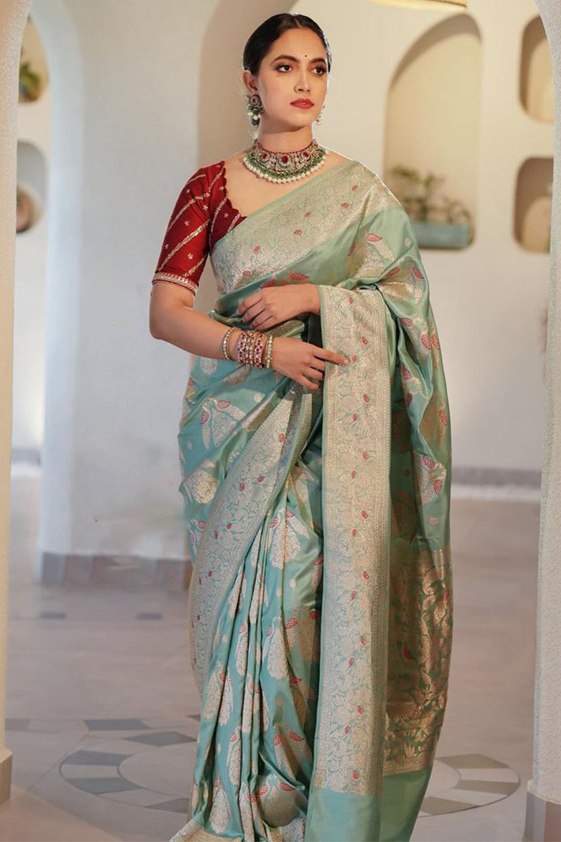 Rhapsody Sea Green Soft Silk Saree With Nebula Blouse Piece