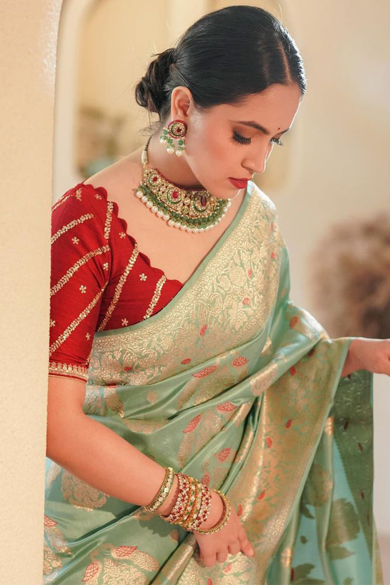 Rhapsody Sea Green Soft Silk Saree With Nebula Blouse Piece