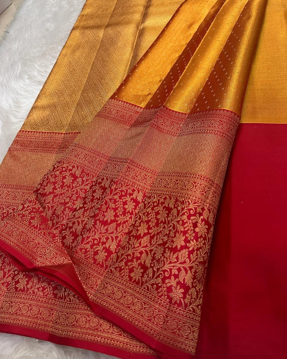 Blooming Golden Soft Banarasi Silk Saree With Classic Blouse Piece