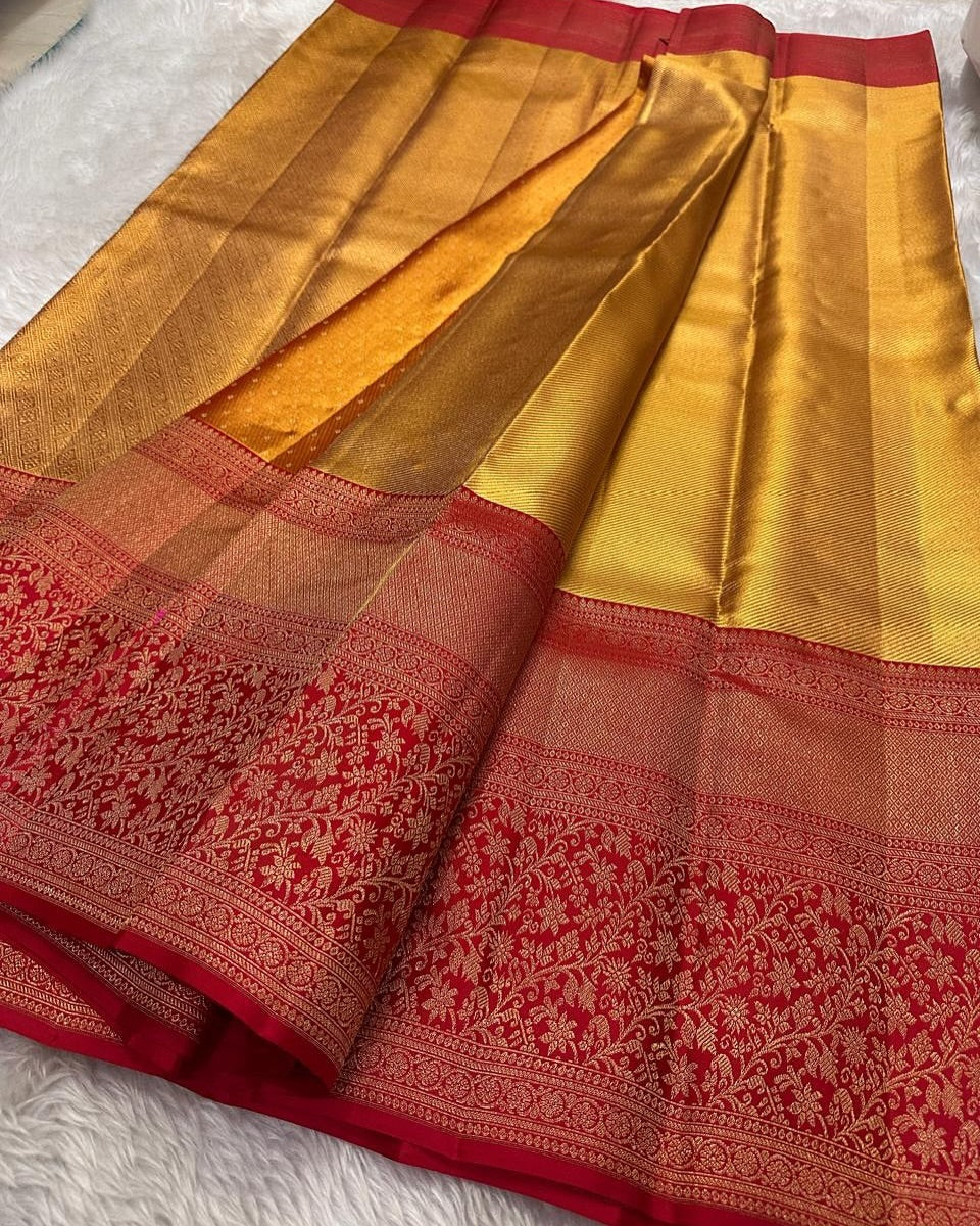 Blooming Golden Soft Banarasi Silk Saree With Classic Blouse Piece