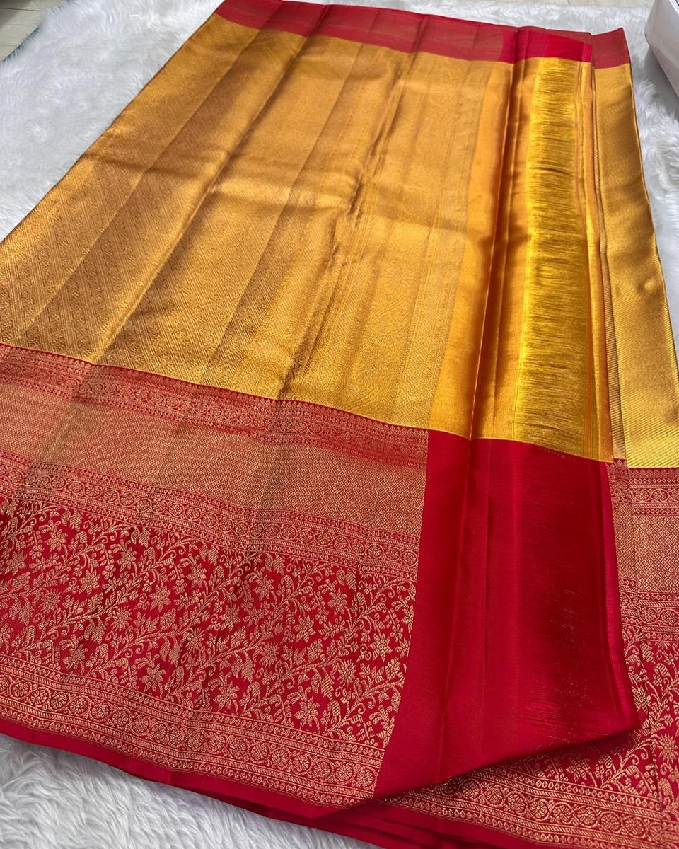 Blooming Golden Soft Banarasi Silk Saree With Classic Blouse Piece