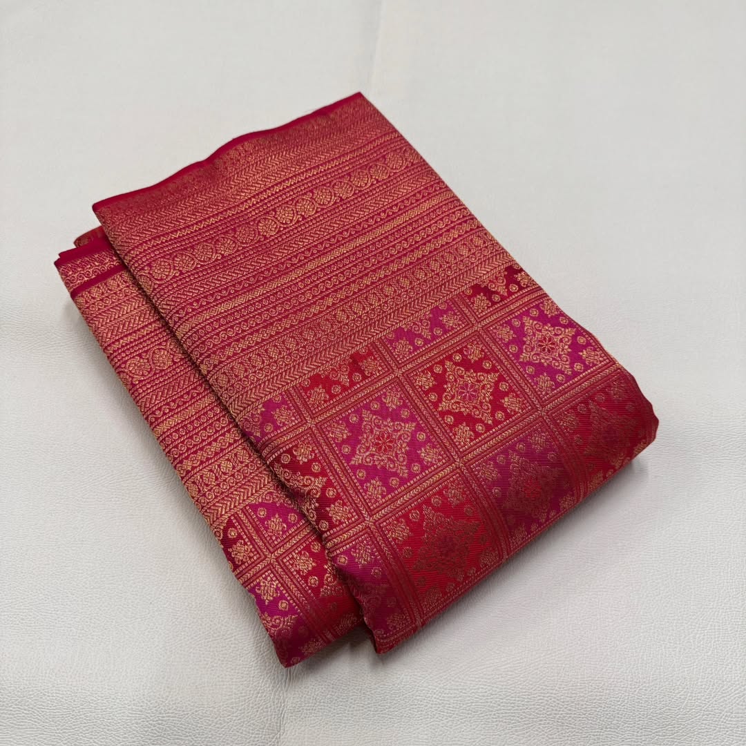 Classic Dark Pink Soft Banarasi Silk Saree With Elision Blouse Piece