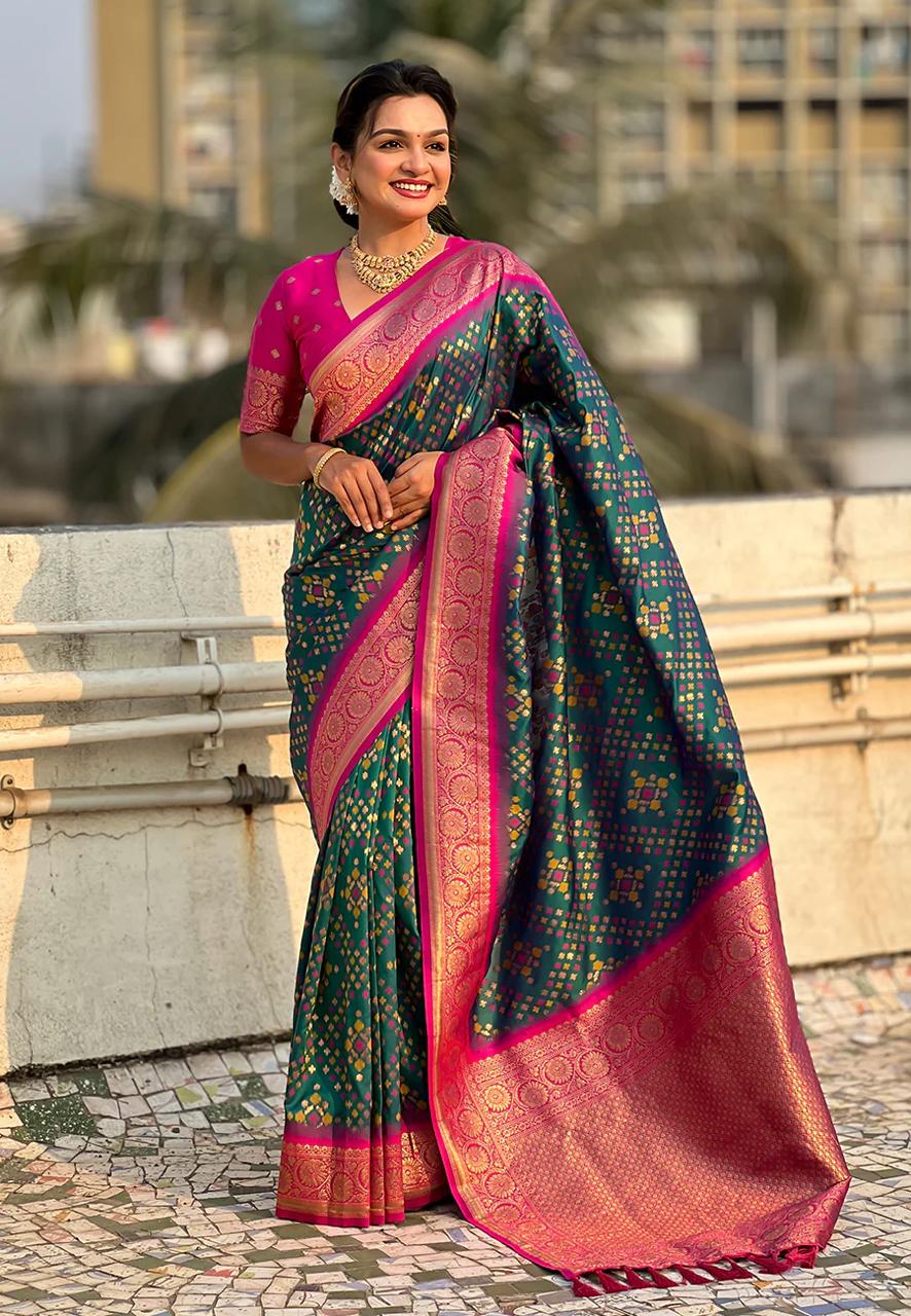 An insanely Dark Green Soft Silk Saree With Embrocation Blouse Piece
