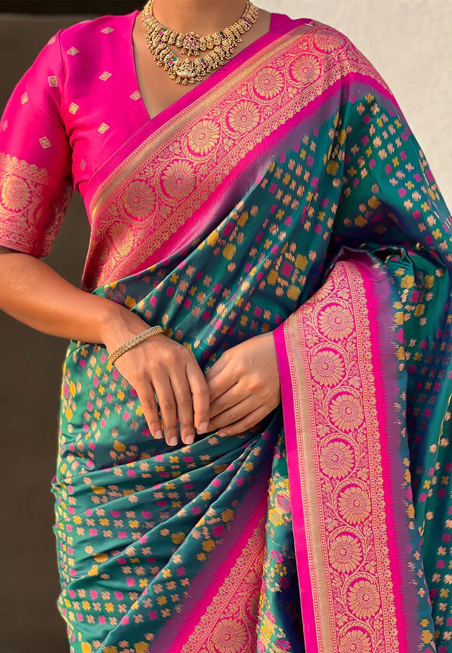 An insanely Dark Green Soft Silk Saree With Embrocation Blouse Piece