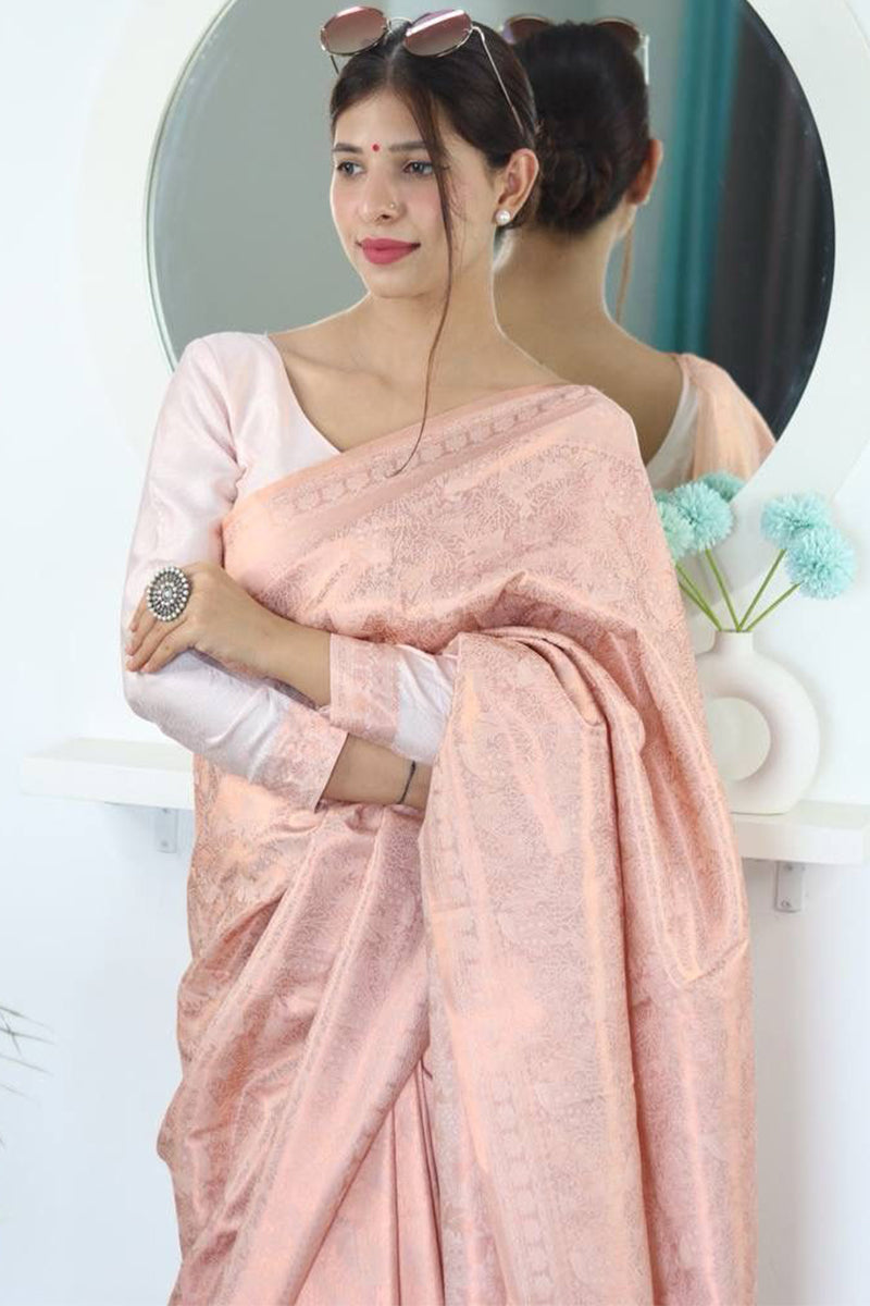 Phenomenal Baby Pink Kanjivaram Silk Saree With An insanely Blouse Piece