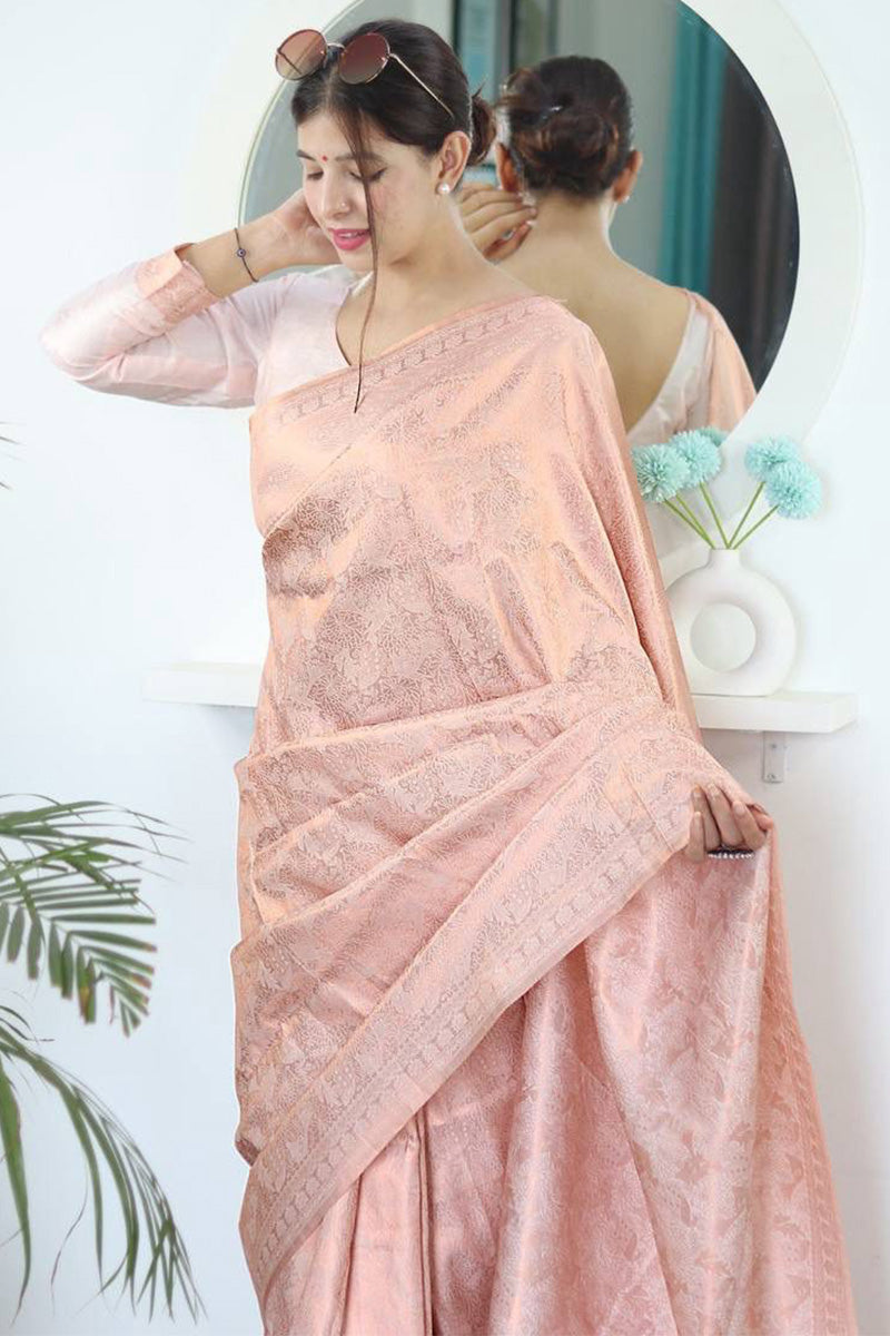 Phenomenal Baby Pink Kanjivaram Silk Saree With An insanely Blouse Piece