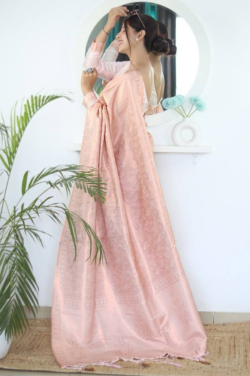 Phenomenal Baby Pink Kanjivaram Silk Saree With An insanely Blouse Piece