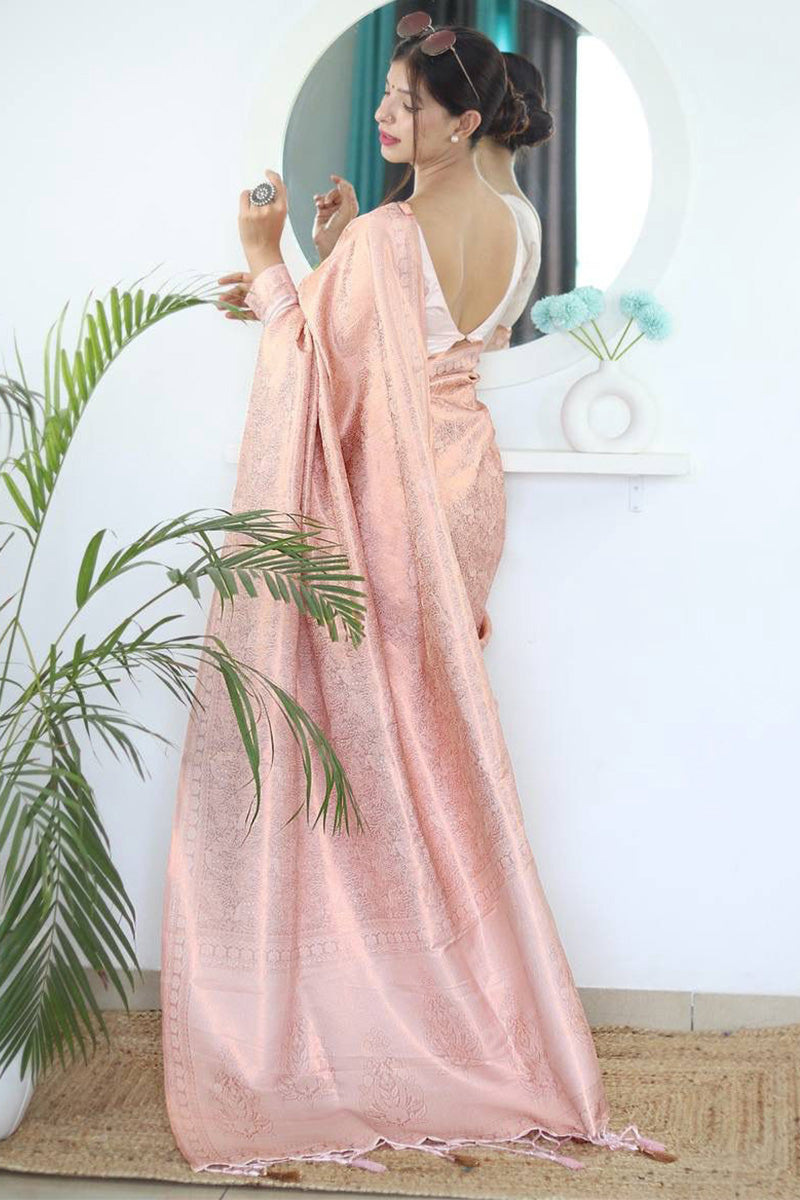 Phenomenal Baby Pink Kanjivaram Silk Saree With An insanely Blouse Piece