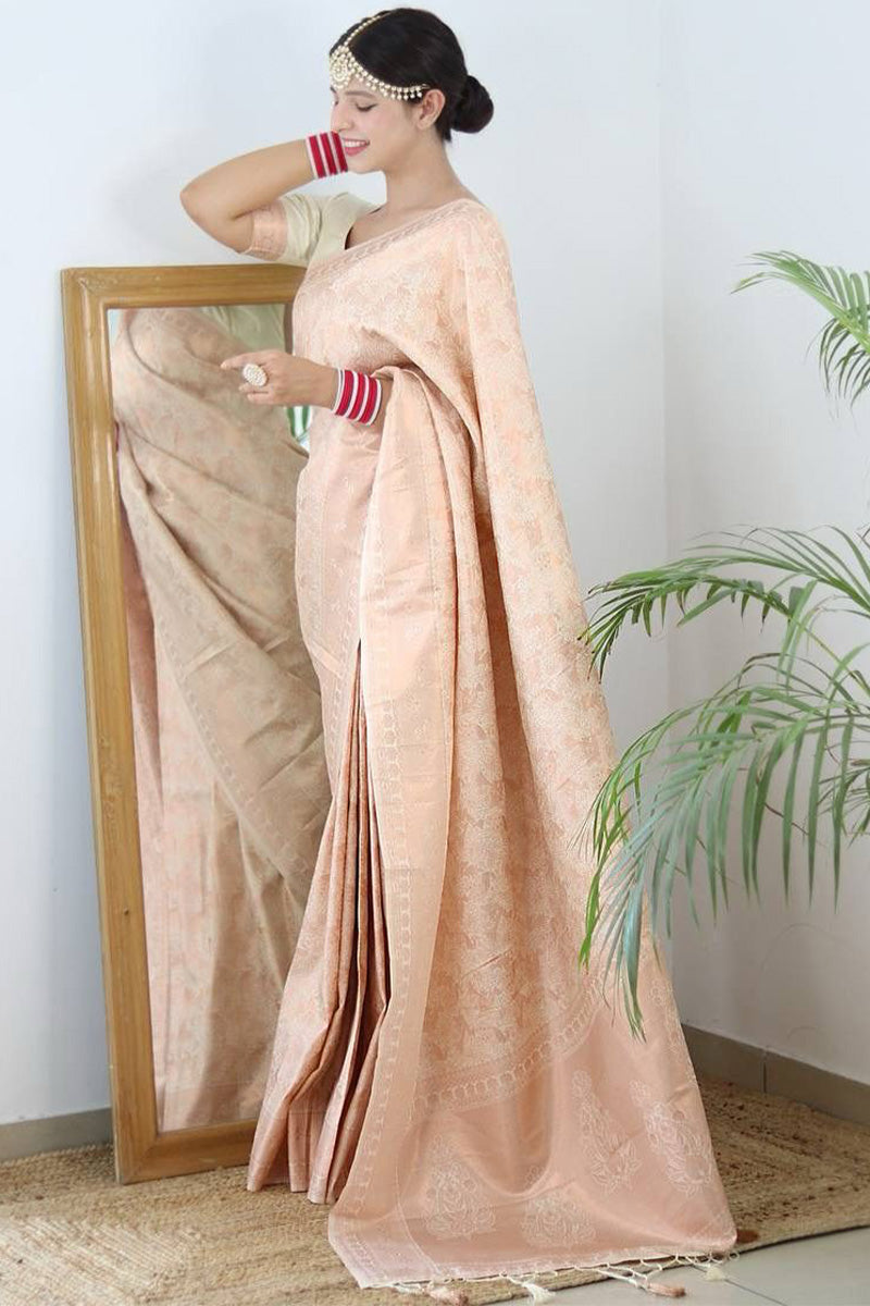 Chatoyant Beige Kanjivaram Silk Saree With Redolent Blouse Piece