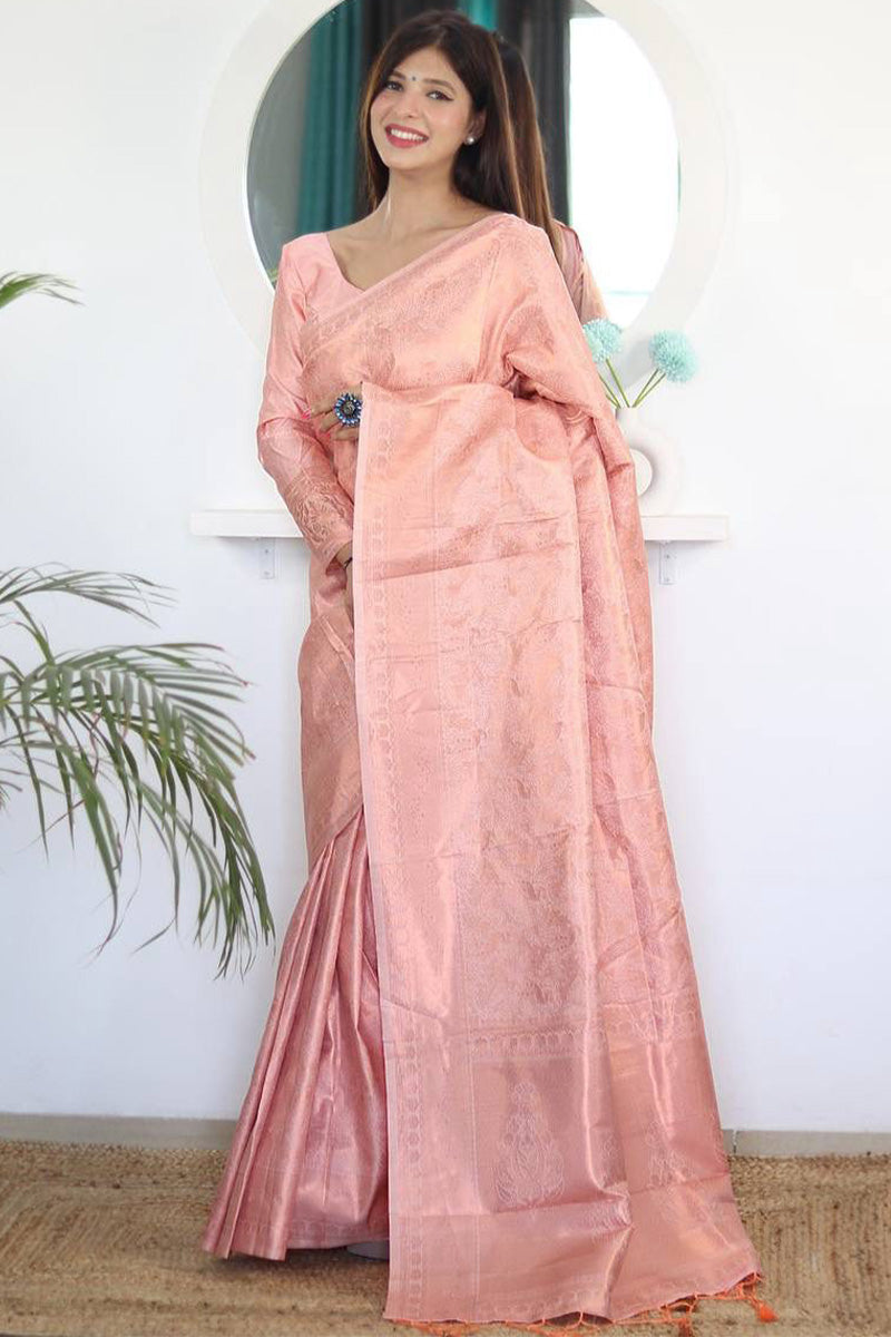 Transcendent Peach Kanjivaram Silk Saree With Eloquence Blouse Piece