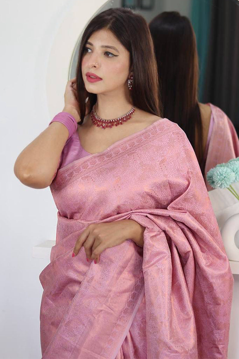 Extraordinary Pink Kanjivaram Silk Saree With Desiring Blouse Piece