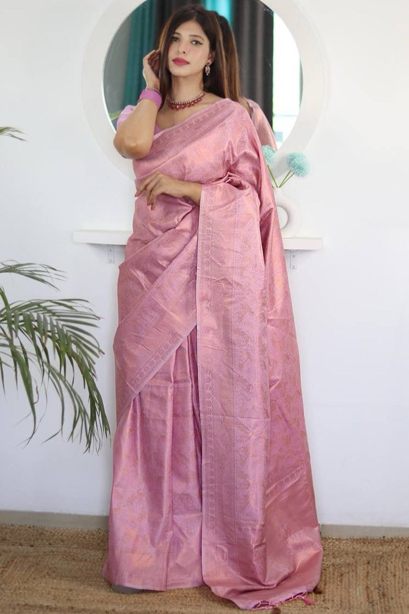 Extraordinary Pink Kanjivaram Silk Saree With Desiring Blouse Piece