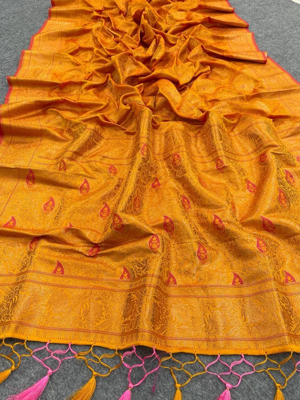 Fantabulous Mustard Kanjivaram Silk Saree With Groovy Blouse Piece