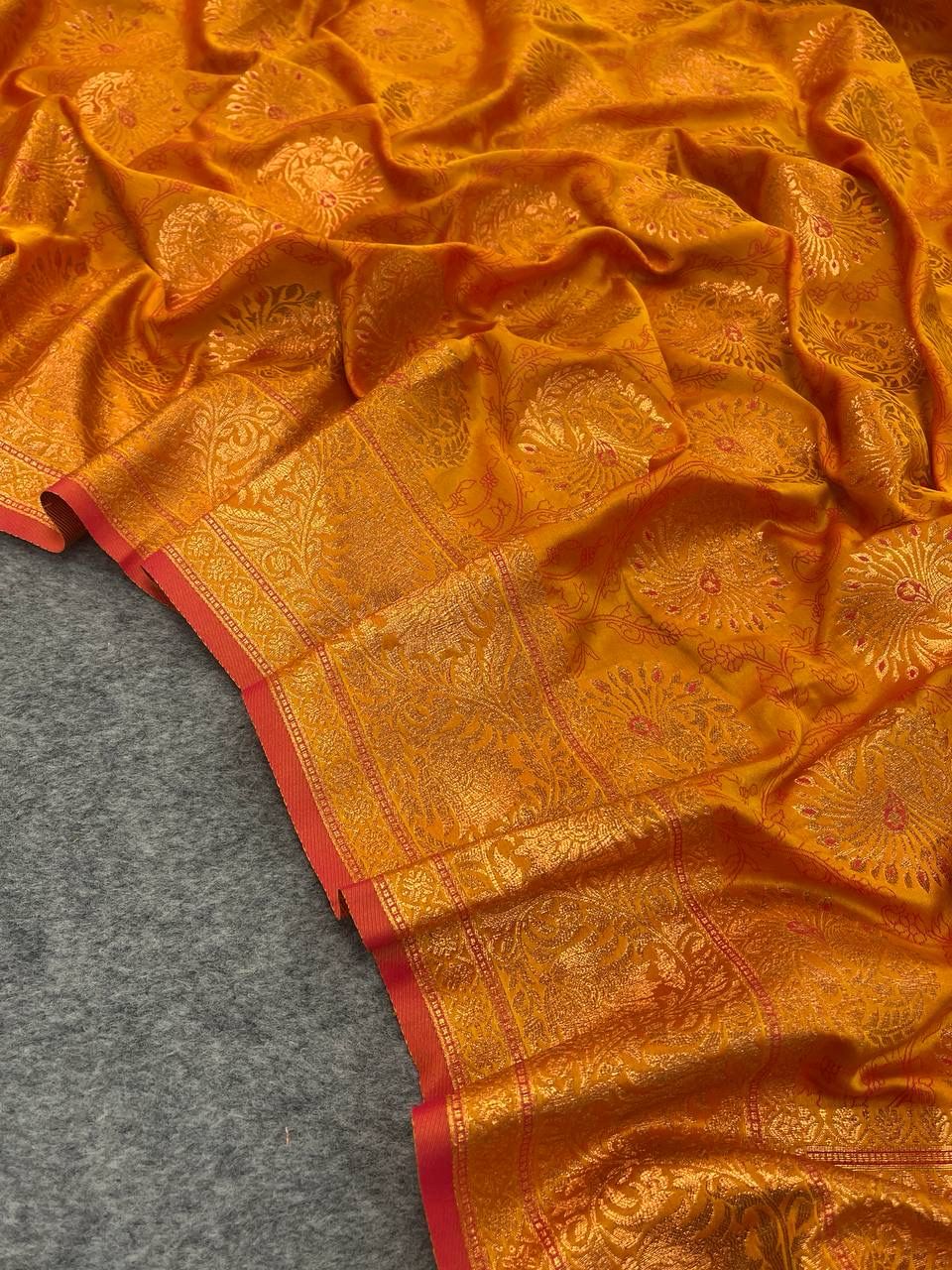 Fantabulous Mustard Kanjivaram Silk Saree With Groovy Blouse Piece