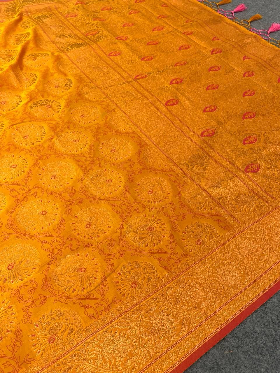 Fantabulous Mustard Kanjivaram Silk Saree With Groovy Blouse Piece