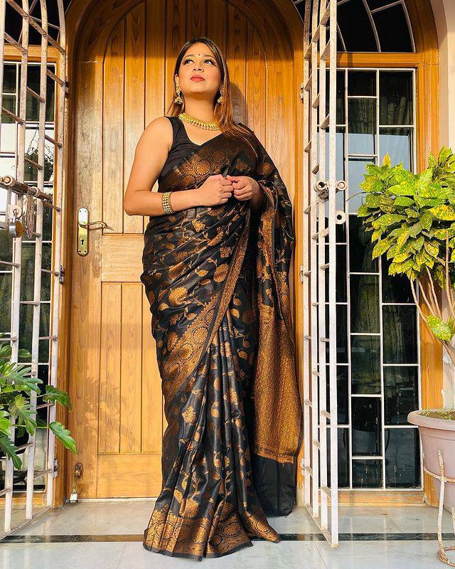 Rhapsodic Black Soft Silk Saree With Nectarous Blouse Piece