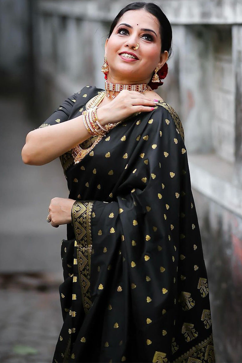 Pleasurable Black Soft Silk Saree With Lassitude Blouse Piece