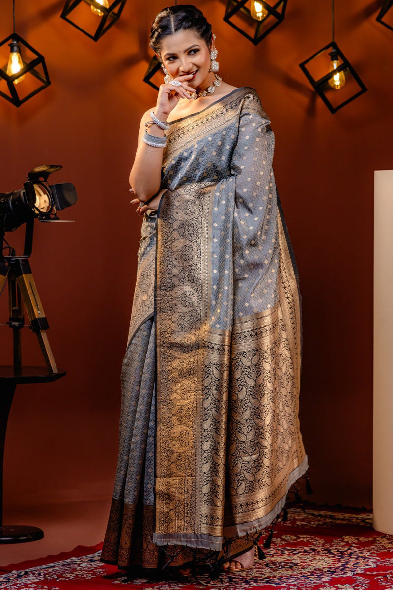 Glorious Grey Soft Silk Saree With Beleaguer Blouse Piece