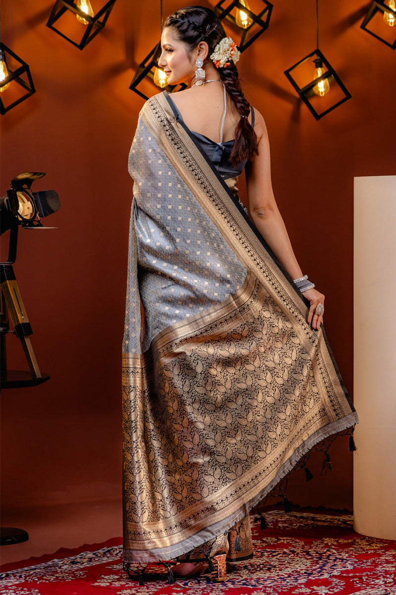 Glorious Grey Soft Silk Saree With Beleaguer Blouse Piece