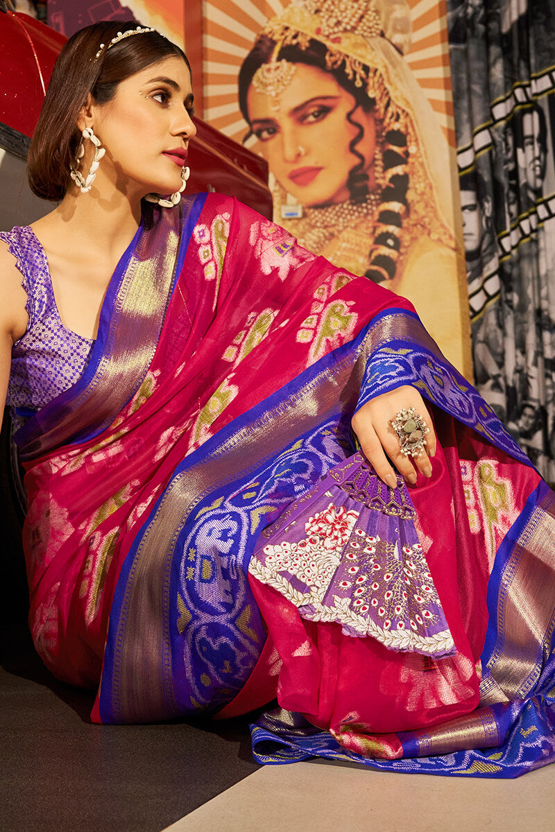 Beguiling Dark Pink Patola Silk Saree with Denouement Blouse Piece