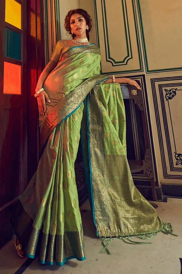 Quintessential Pista Soft Banarasi Silk Saree With Bewitching Blouse Piece