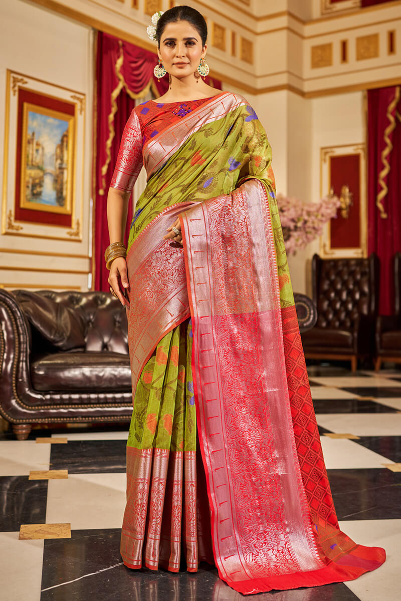 Epiphany Mehndi Soft Banarasi Silk Saree With Admirable Blouse Piece