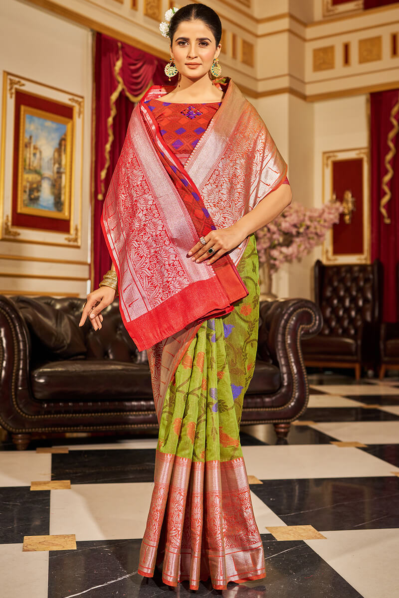 Epiphany Mehndi Soft Banarasi Silk Saree With Admirable Blouse Piece