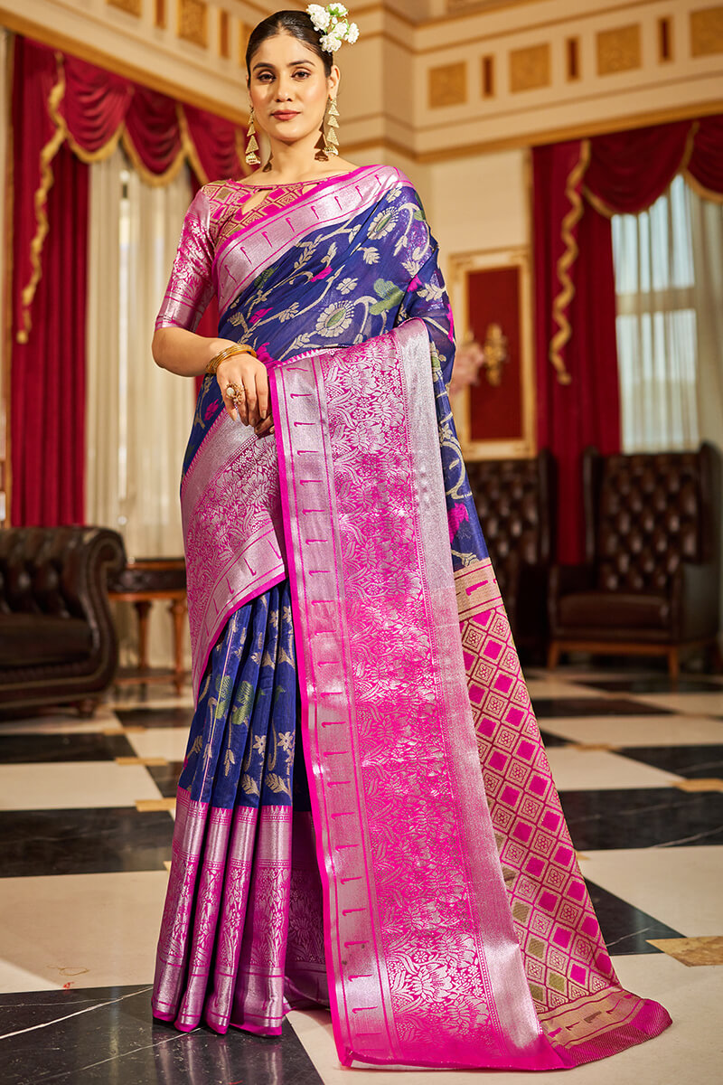 Most Stunning Navy Blue Soft Banarasi Silk Saree With Charming Blouse Piece