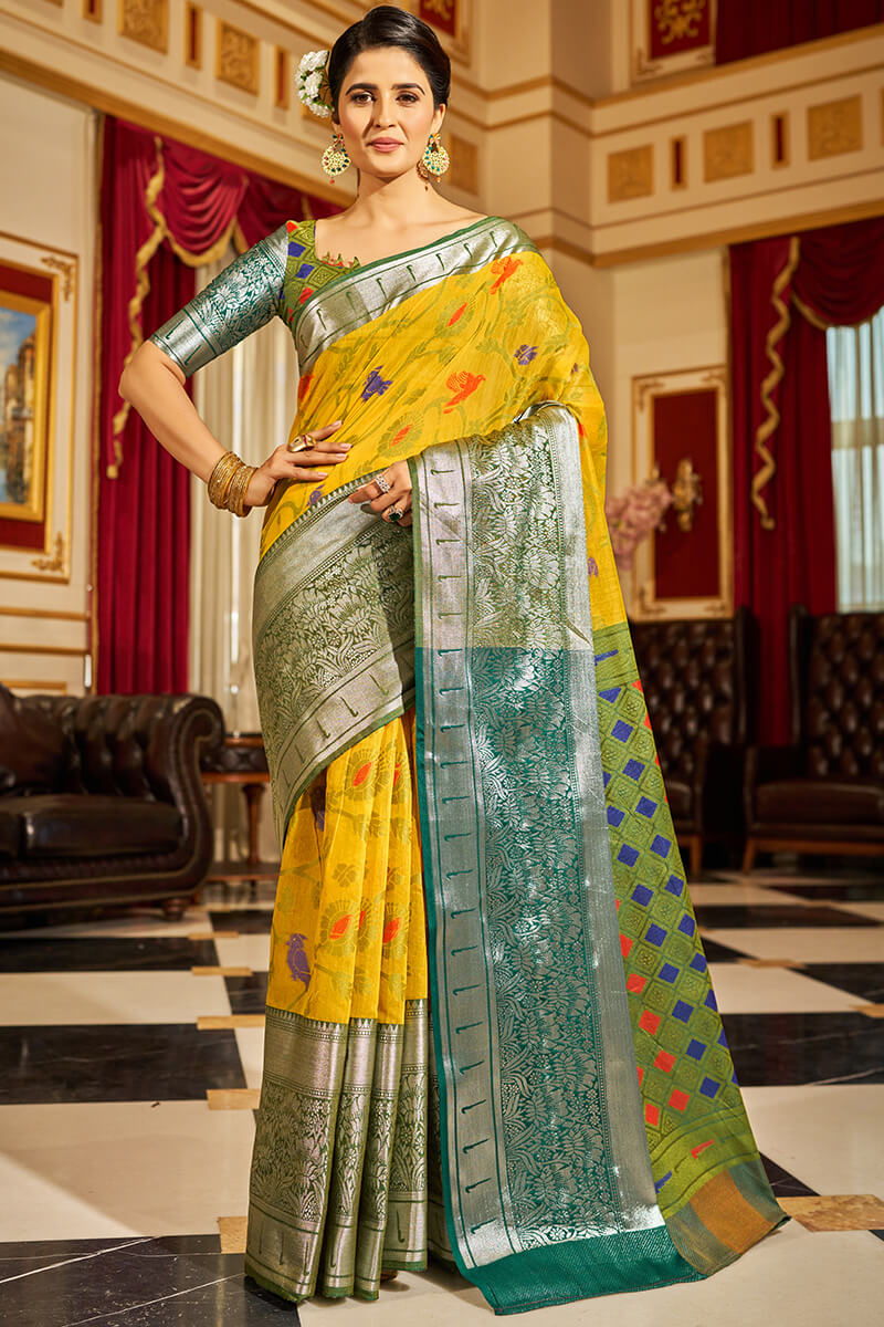 Innovative Purple-Yellow Soft Banarasi Silk Saree With An insanely Blouse Piece