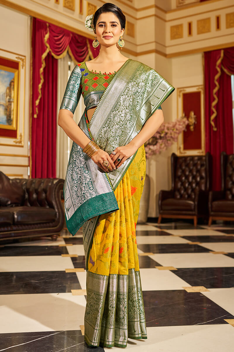 Innovative Purple-Yellow Soft Banarasi Silk Saree With An insanely Blouse Piece