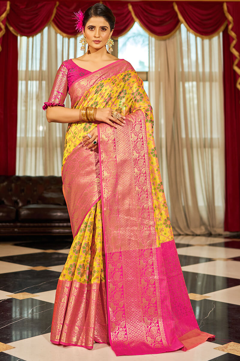 Nectarous Yellow Patola Silk Saree with Denouement Blouse Piece