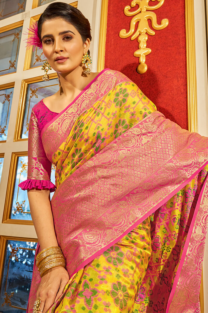 Nectarous Yellow Patola Silk Saree with Denouement Blouse Piece