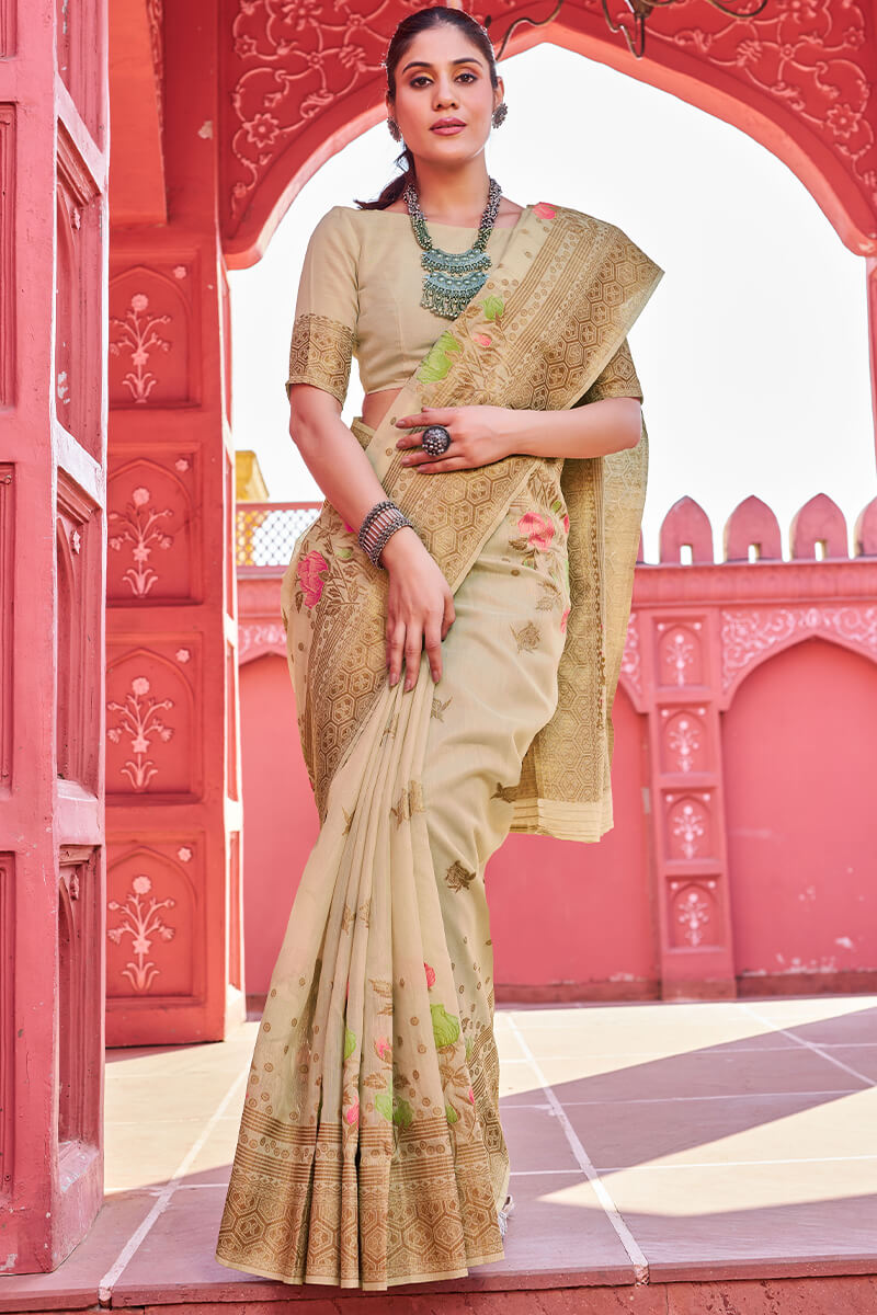 Glittering Beige Cotton Silk Saree With Rhapsody Blouse Piece