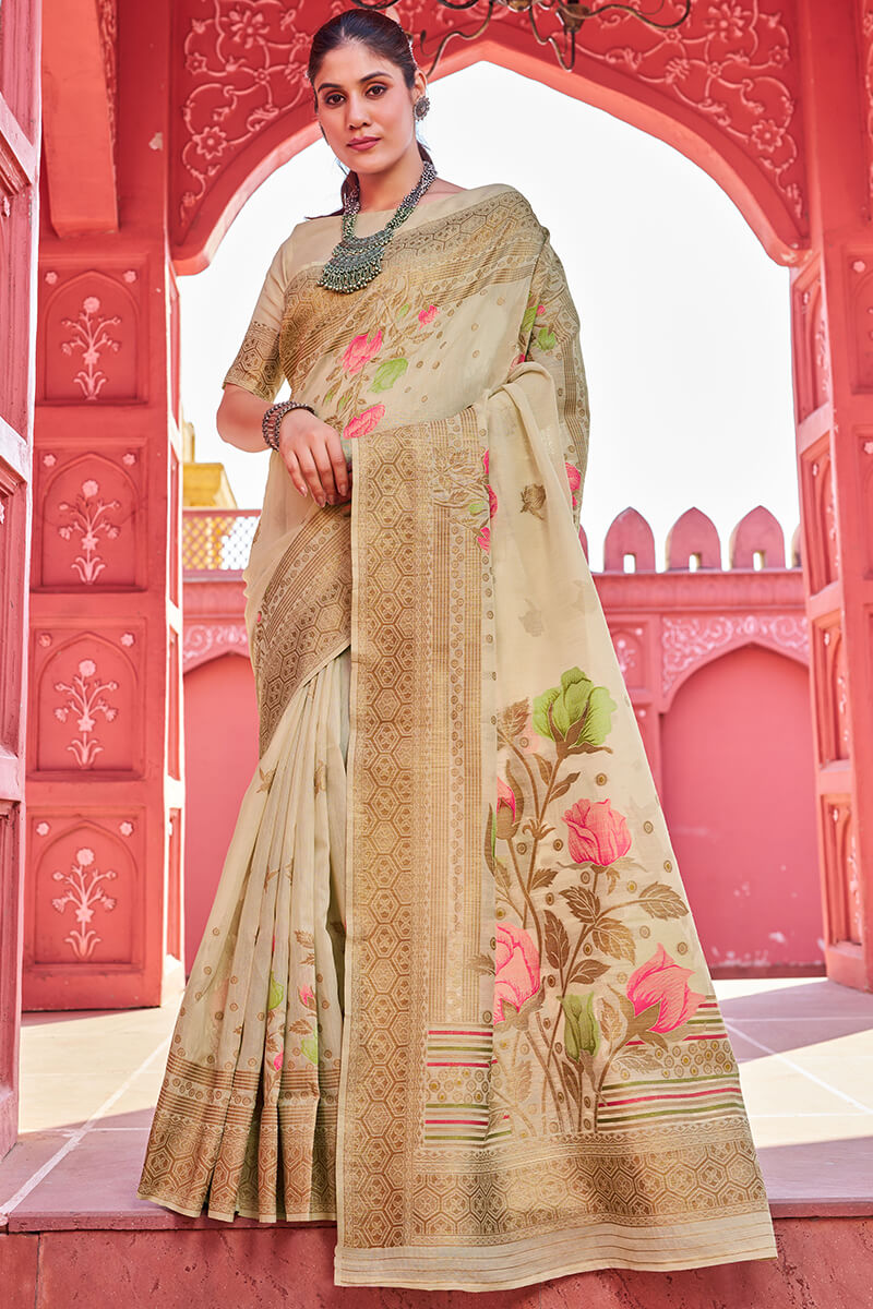 Glittering Beige Cotton Silk Saree With Rhapsody Blouse Piece