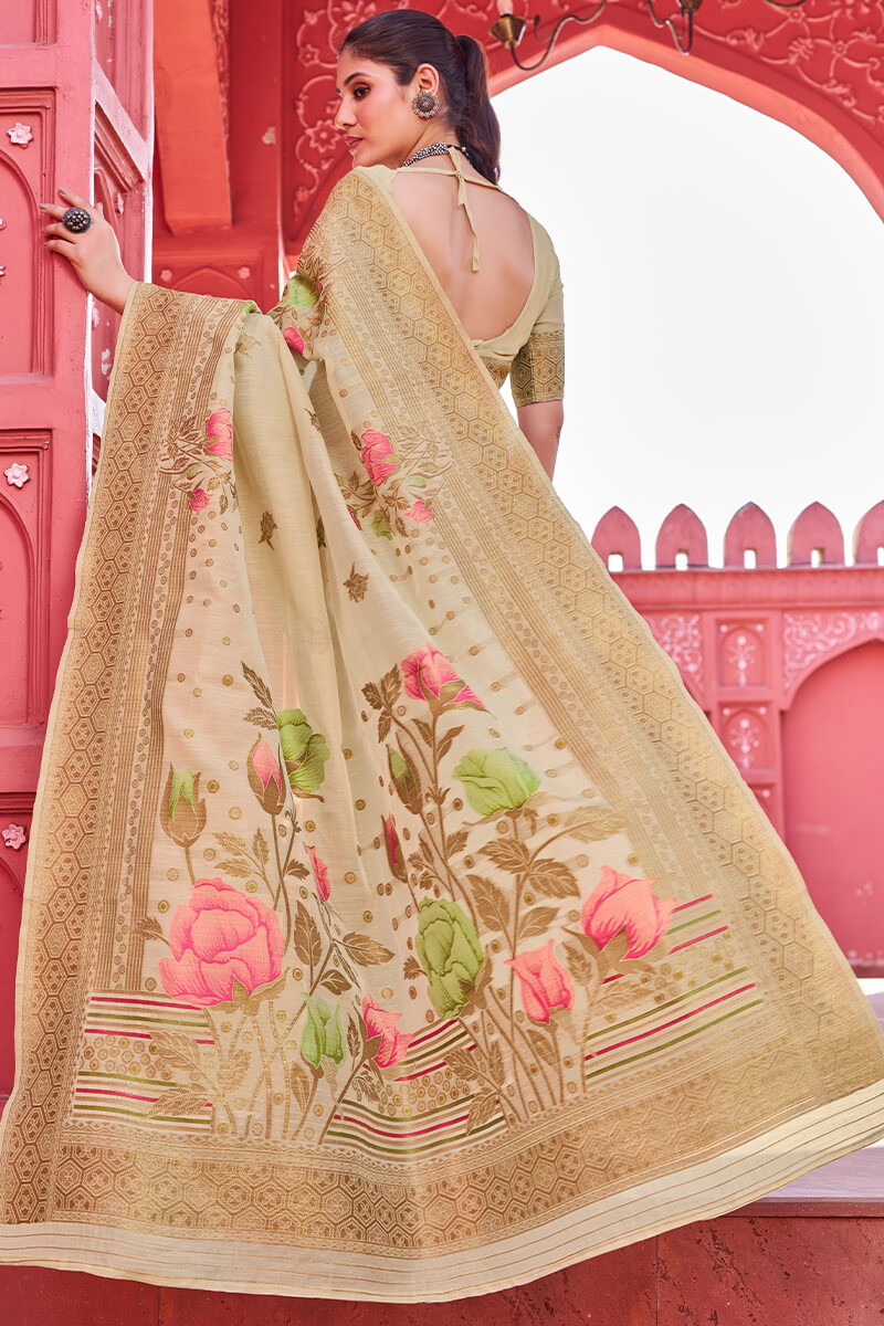 Glittering Beige Cotton Silk Saree With Rhapsody Blouse Piece