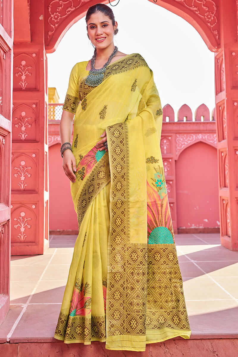 Scintilla Yellow Cotton Silk Saree With Cynosure Blouse Piece