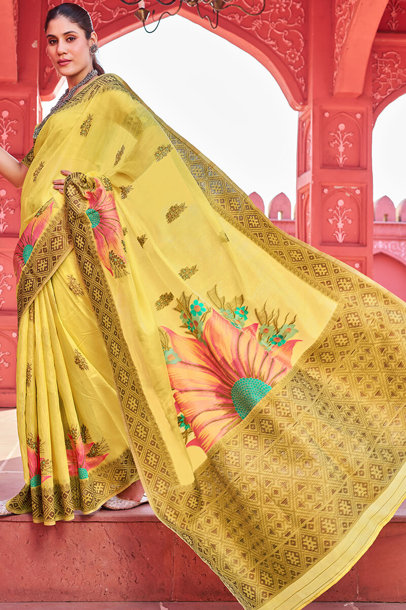 Scintilla Yellow Cotton Silk Saree With Cynosure Blouse Piece