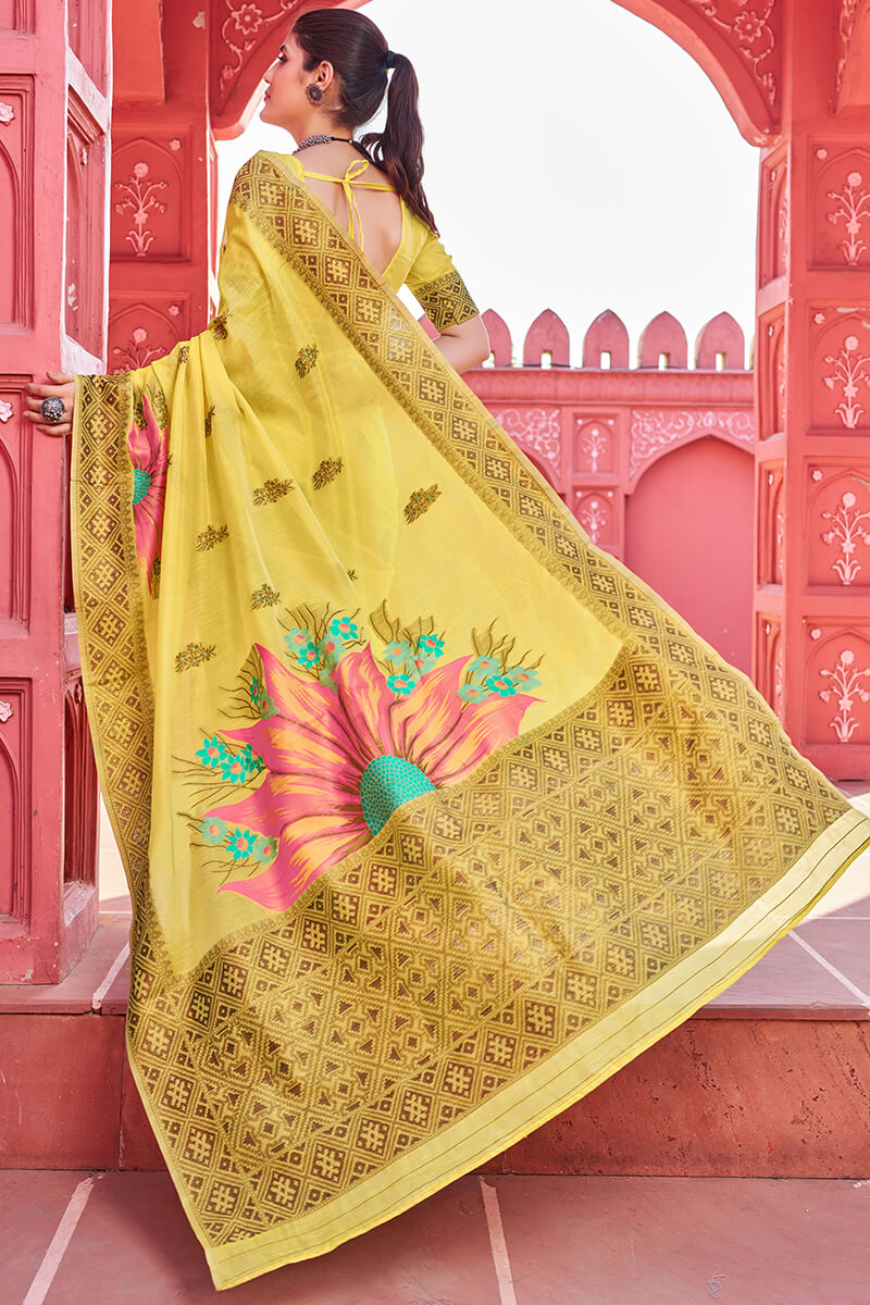 Scintilla Yellow Cotton Silk Saree With Cynosure Blouse Piece