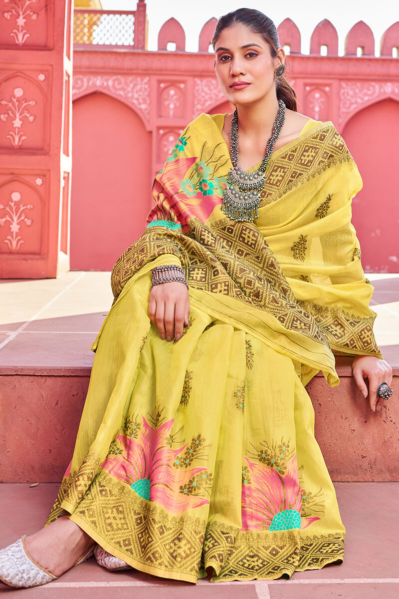 Scintilla Yellow Cotton Silk Saree With Cynosure Blouse Piece