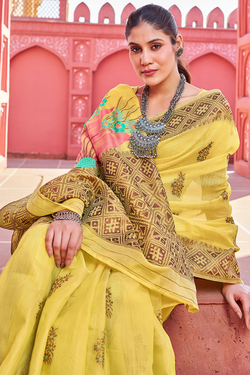 Scintilla Yellow Cotton Silk Saree With Cynosure Blouse Piece