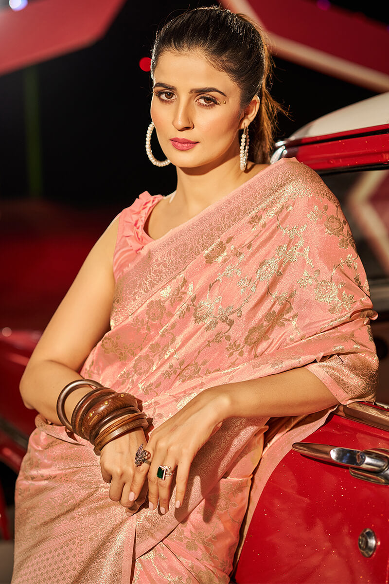 A dreamy Peach Soft Banarasi Silk Saree With Flamboyant Blouse Piece