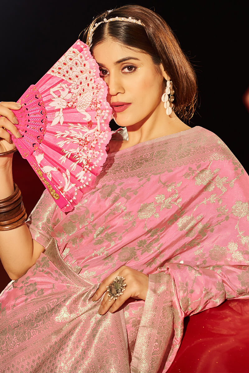 Adorable Pink Soft Banarasi Silk Saree With Staring Blouse Piece