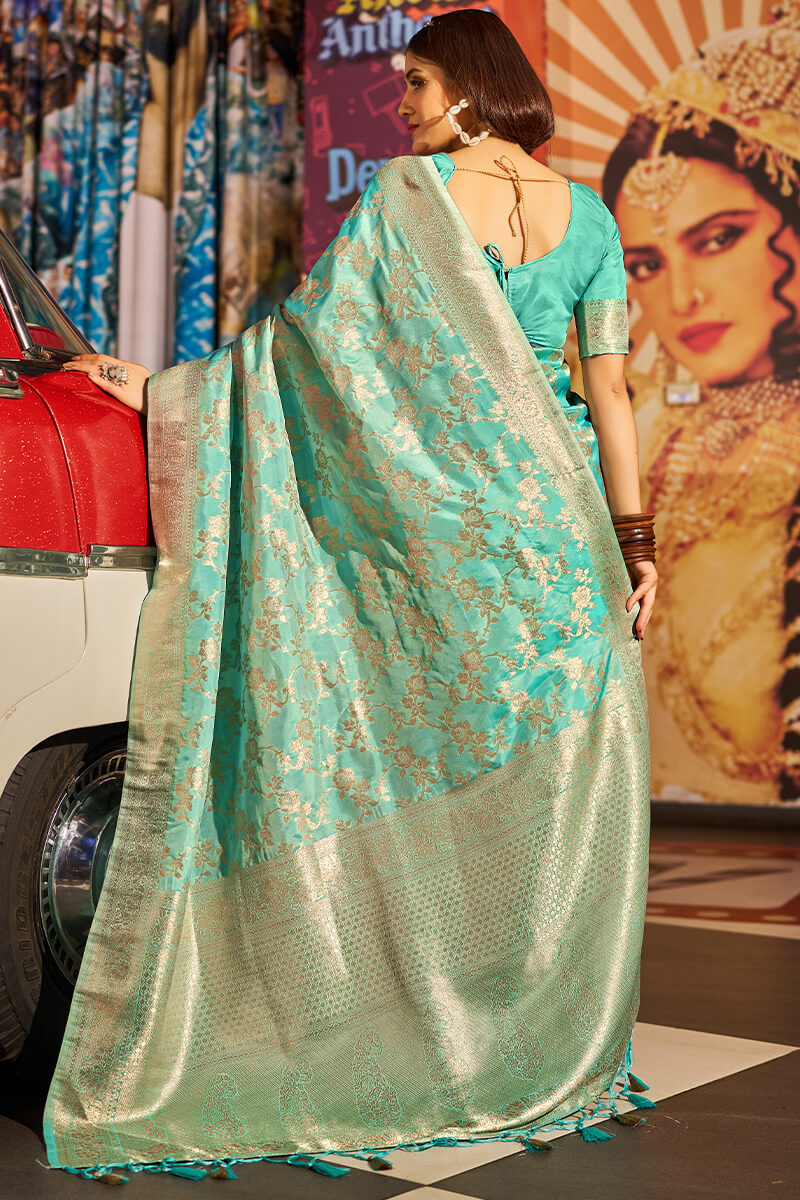 Gleaming Sea Green Soft Banarasi Silk Saree With Radiant Blouse Piece