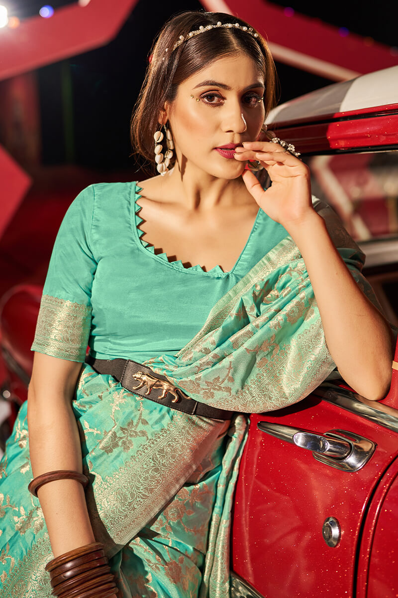 Gleaming Sea Green Soft Banarasi Silk Saree With Radiant Blouse Piece