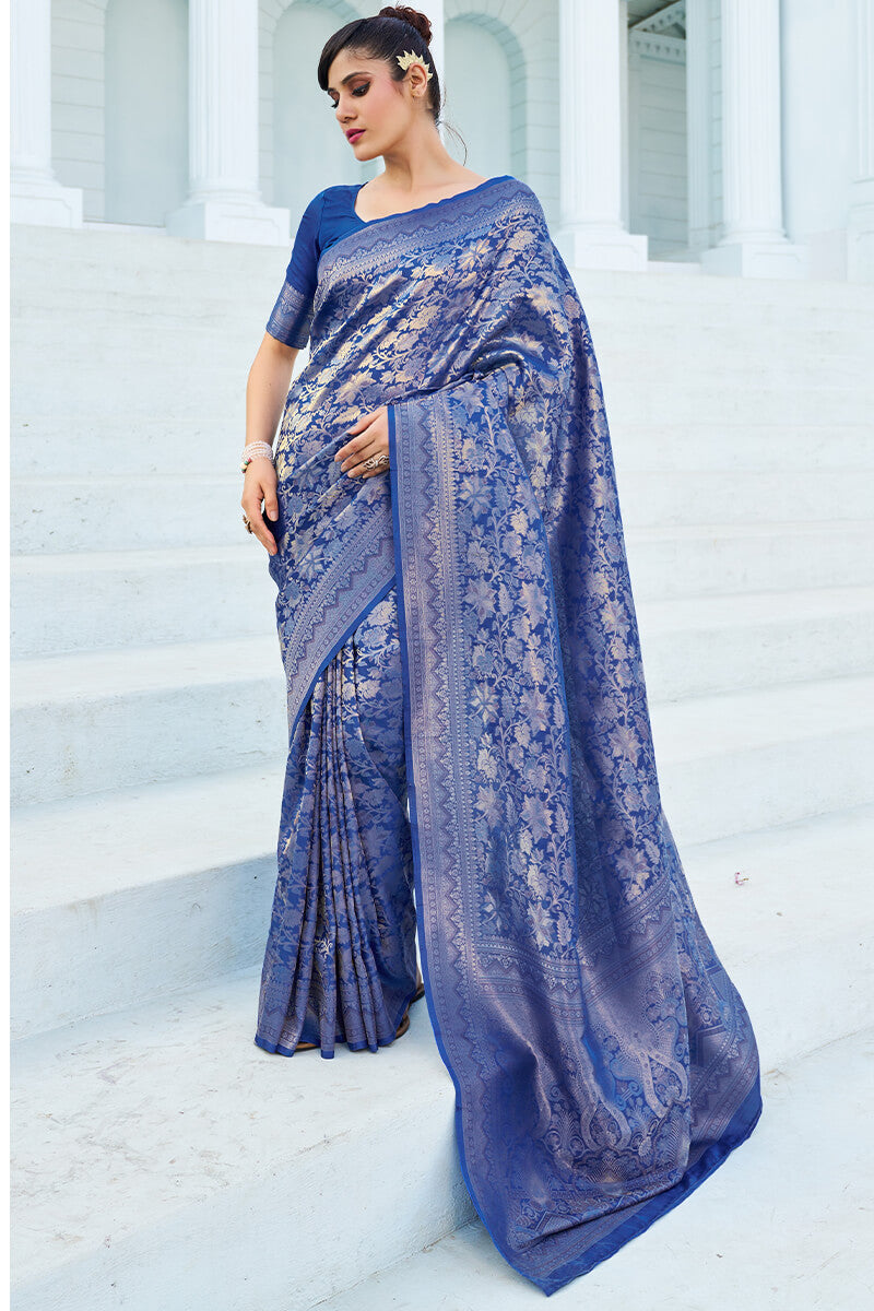 Fancifull Blue Kanjivaram Silk Saree With Traditional Blouse Piece