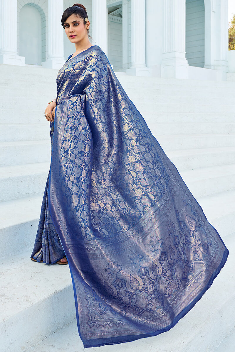 Fancifull Blue Kanjivaram Silk Saree With Traditional Blouse Piece