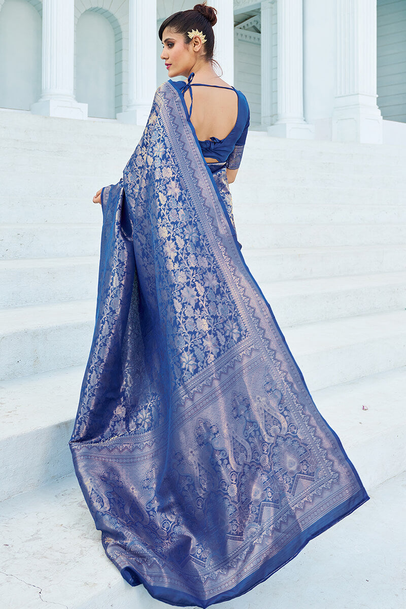 Fancifull Blue Kanjivaram Silk Saree With Traditional Blouse Piece