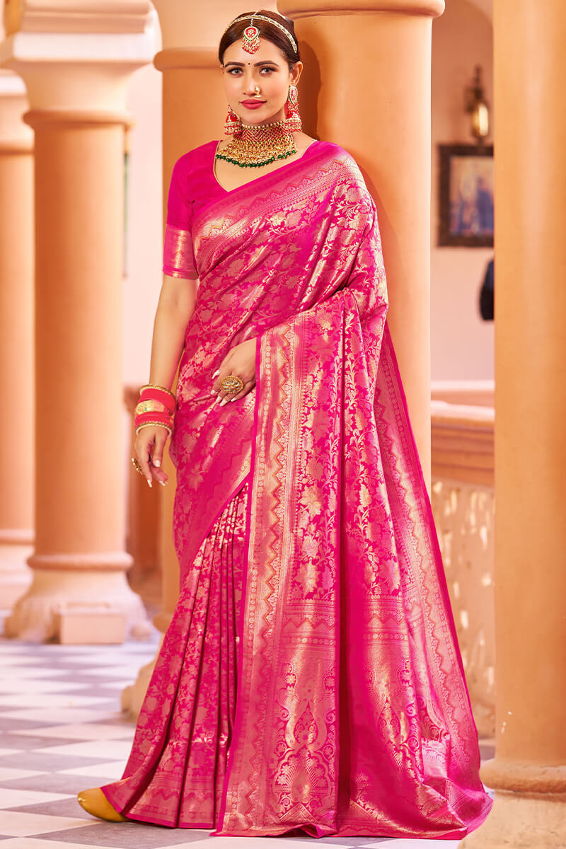 Cynosure Dark Pink Kanjivaram Silk Saree With Propinquity Blouse Piece