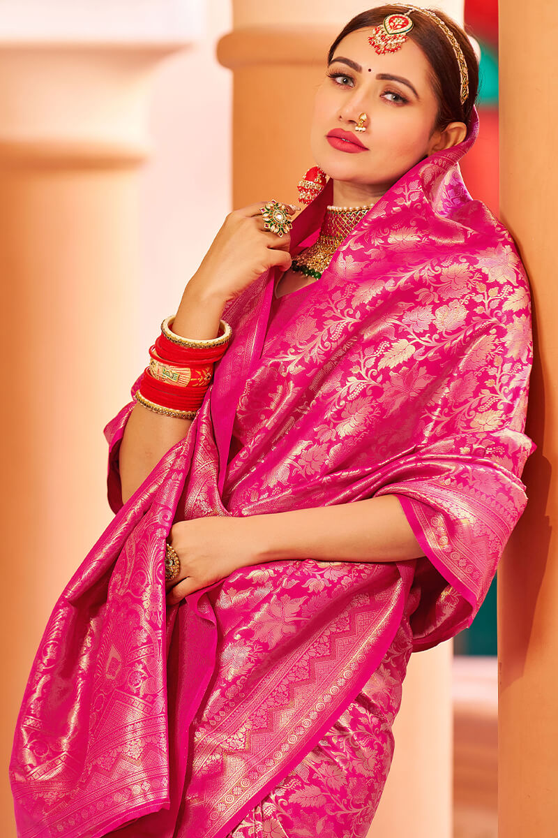 Cynosure Dark Pink Kanjivaram Silk Saree With Propinquity Blouse Piece