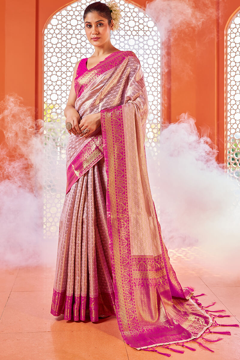 Ornate Baby Pink Kanjivaram Silk Saree With Smashing Blouse Piece